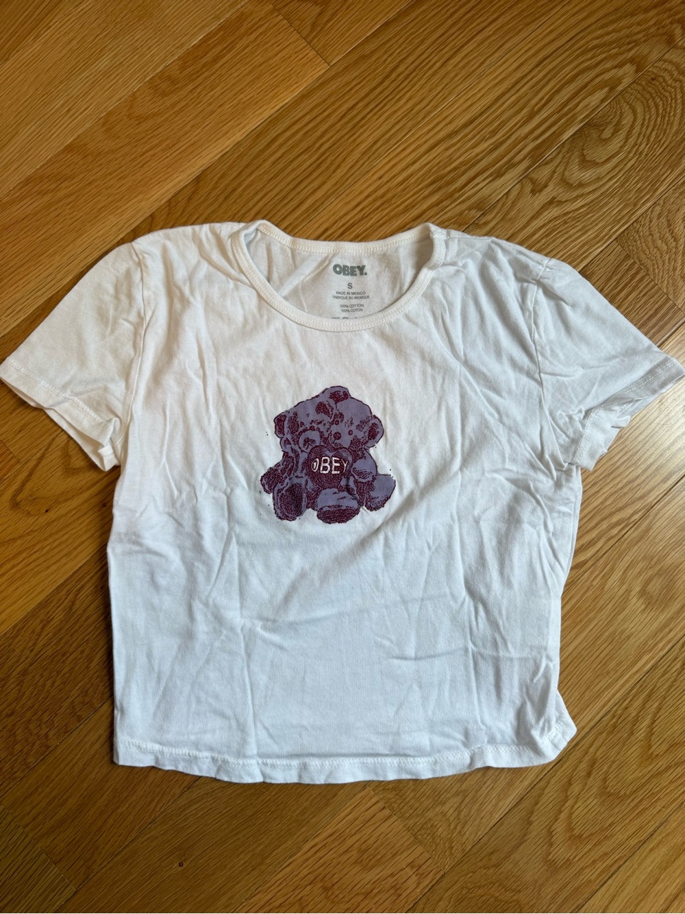 Obey White Short-Sleeve Tee with Purple Bear Graphic